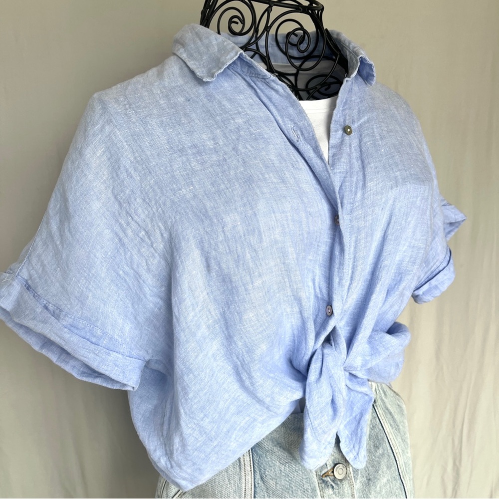 Rachel Zoe 100% Linen Button Up Shirt Light Blue | Size M